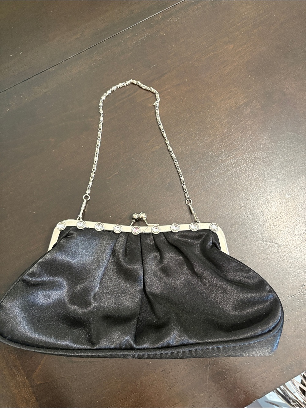 Bijoux Terner Black Satin Evening Clutch with Silver Chain